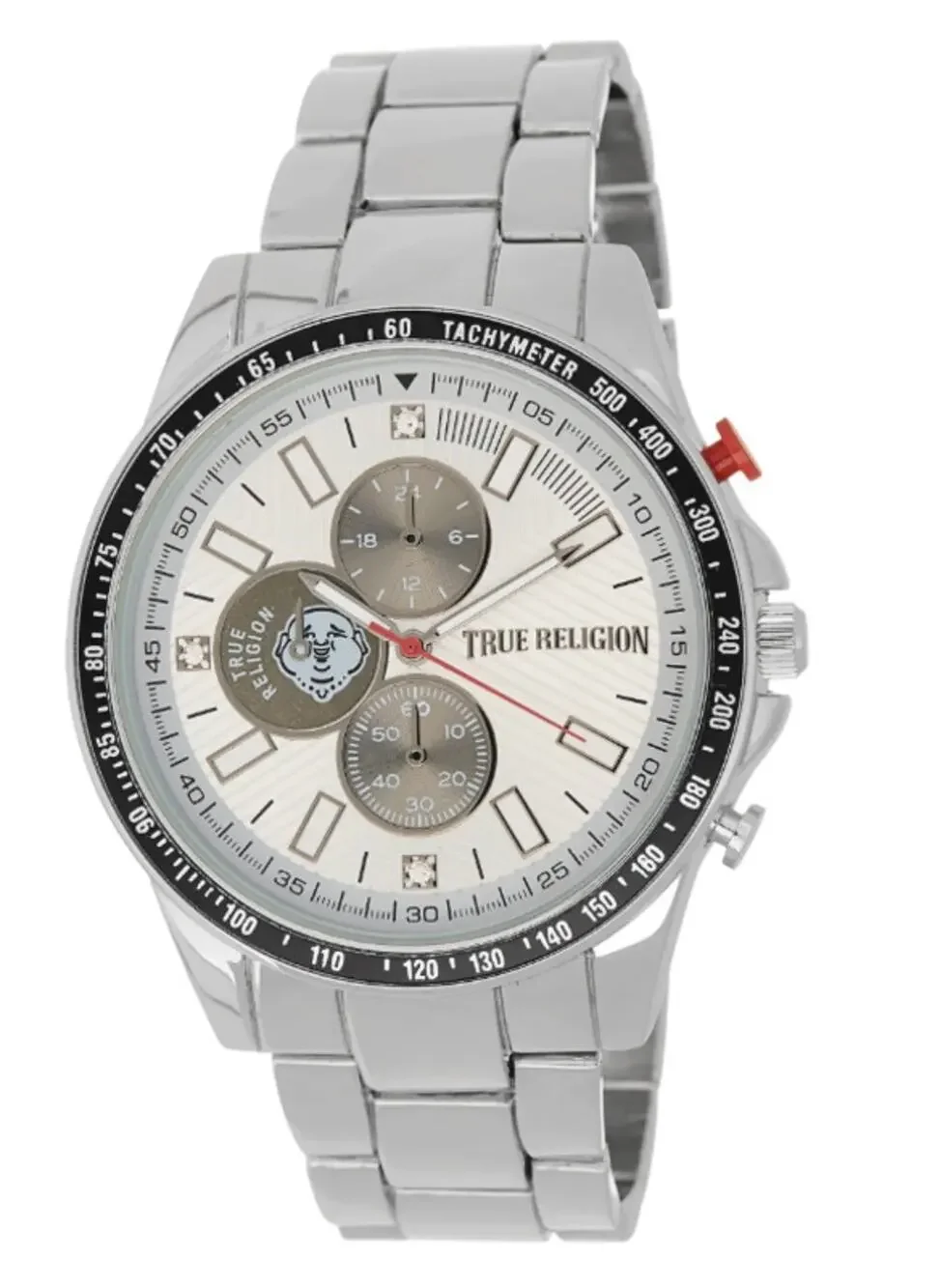 True Religion Mens Buddha Silver Chronograph Bracelet Watch 45mm Quartz Gift Box